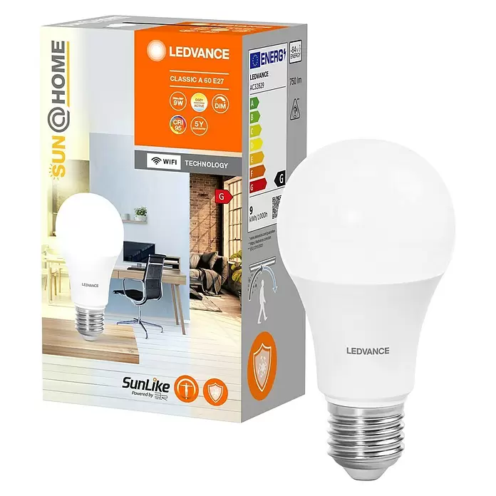 Ledvance SUN@Home LED-Leuchtmittel Smart+ WIFI - E27, 9 W, A40, 750 lm - Diagonale Ansicht