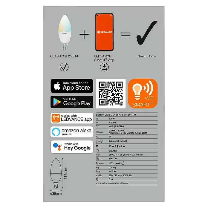 Ledvance SUN@Home LED-Leuchtmittel Smart+ WIFI - E14, 4,9 W, B25, 425 lm - Rückansicht