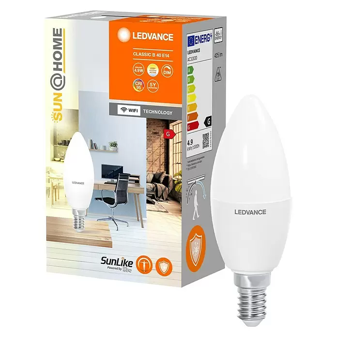 Ledvance SUN@Home LED-Leuchtmittel Smart+ WIFI - E14, 4,9 W, B25, 425 lm - Diagonale Ansicht