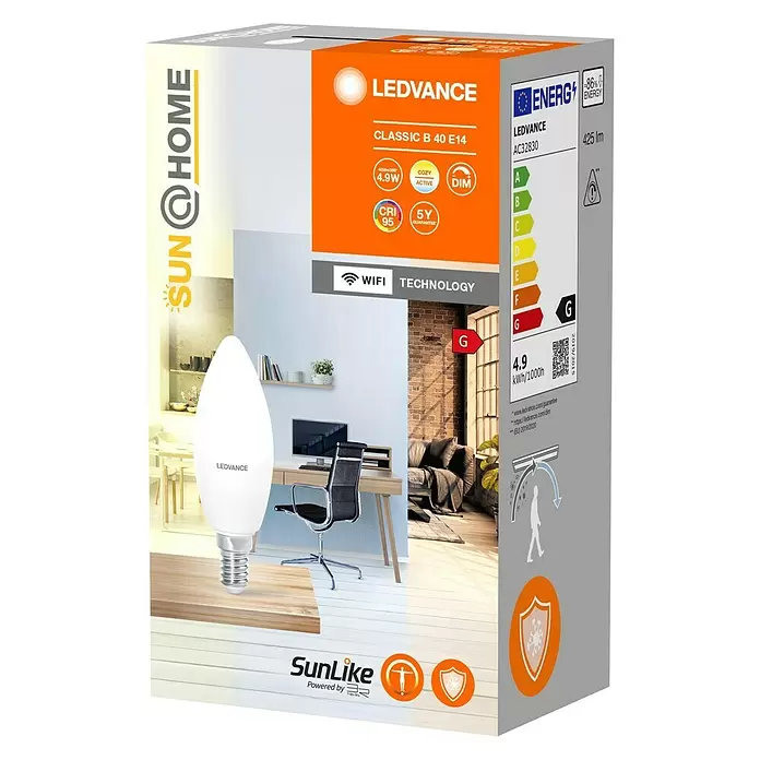 Ledvance SUN@Home LED-Leuchtmittel Smart+ WIFI - E14, 4,9 W, B25, 425 lm - Diagonale Ansicht
