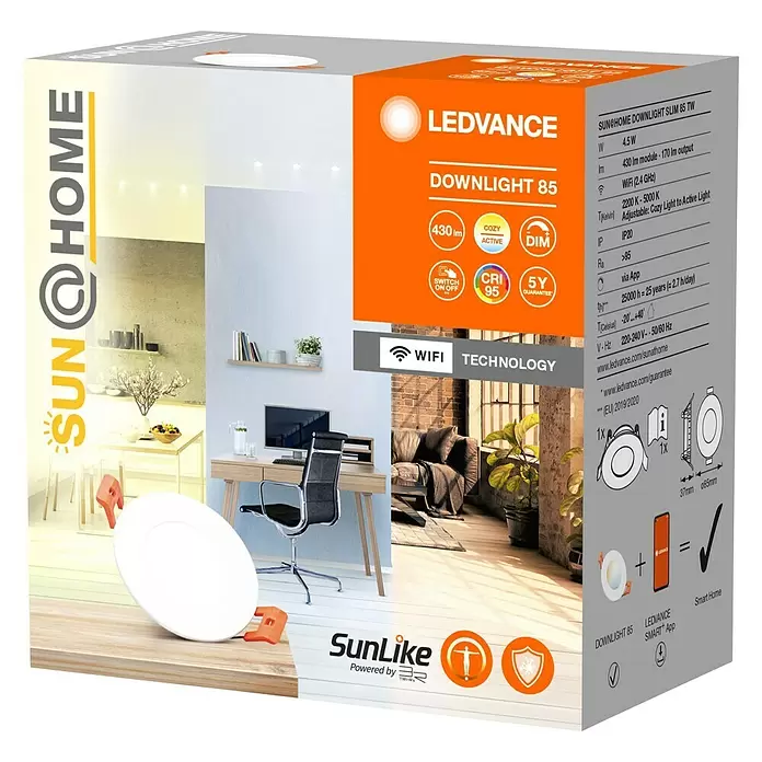 Ledvance SUN@Home LED-Einbauspot Downlight Slim - Kaltweiß, Durchmesser: 8,5 cm, Weiß - Diagonale Ansicht
