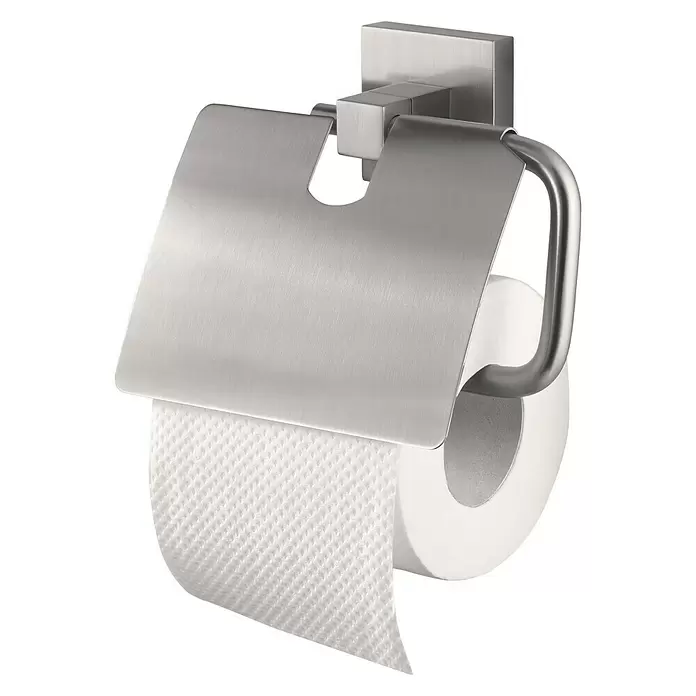 Haceka Mezzo Toiletrolhouder met klep - Met deksel, Roestvrij staal, Geborsteld - Diagonaal zicht