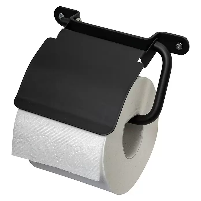 Haceka Ixi Toiletrolhouder met klep - Met deksel, Zwart, Met poedercoating - Diagonaal zicht