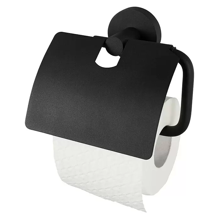 Haceka Kosmos Toiletrolhouder met klep - Met deksel, Zwart, Met poedercoating - Diagonaal zicht