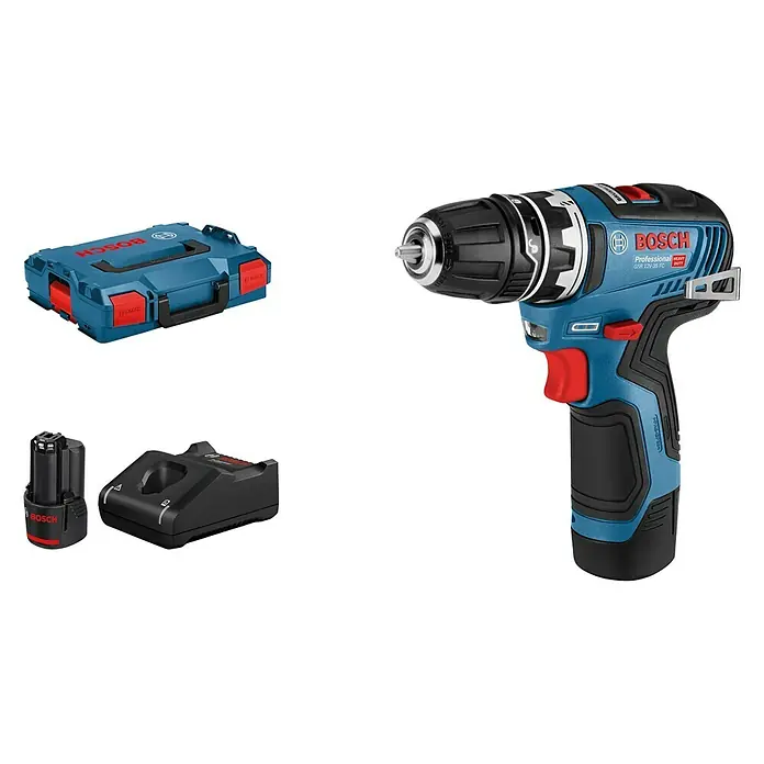 Bosch Professional Akku-Bohrschrauber GSR 12V-35 FC - 12 V, 2 Akkus, 3 Ah, Leerlaufdrehzahl: 0 U/min - 1.750 U/min, 6 Stk. - Diagonale Ansicht