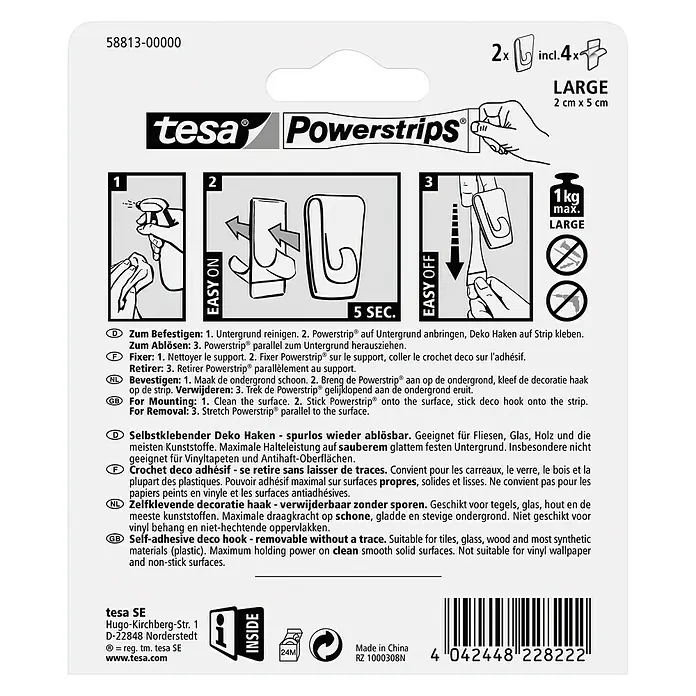 Tesa Powerstrips Dekohaken - Selbstklebend, Transparent, Größe: XL, 2 Stk. - Rückansicht