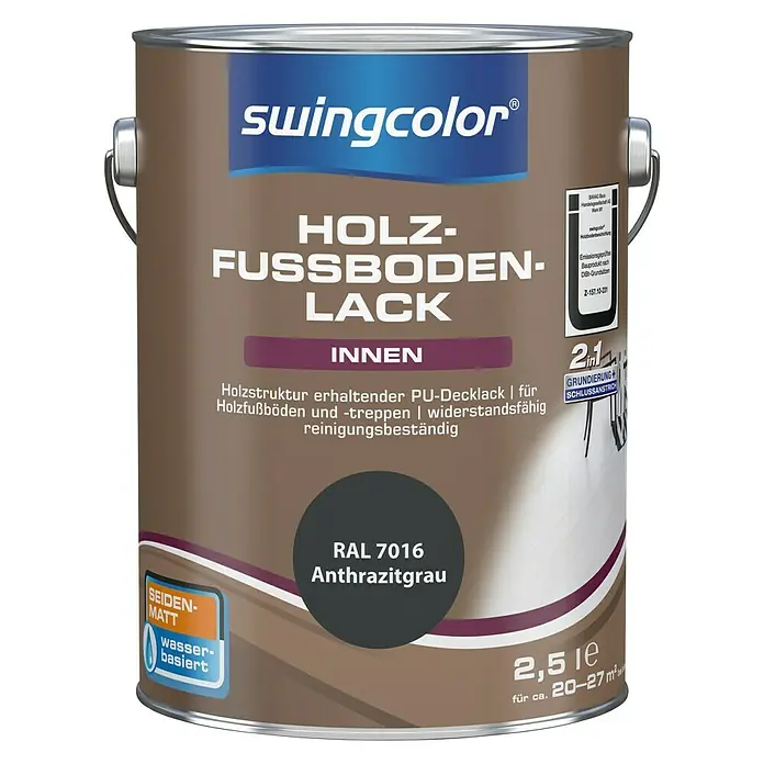 swingcolor 2in1 Holzfußbodenlack RAL 7016 - Anthrazitgrau, 2,5 l, Seidenmatt, Wasserbasiert - Vorderansicht