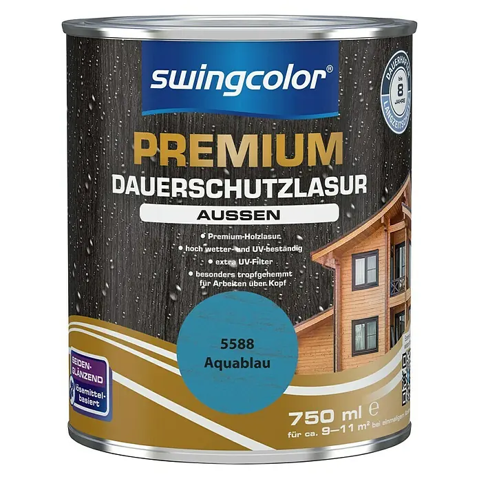 swingcolor Premium Dauerschutzlasur - Aquablau, 750 ml, Seidenglänzend, Lösemittelbasiert - Vorderansicht