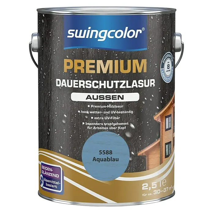 swingcolor Premium Dauerschutzlasur - Aquablau, 2,5 l, Seidenglänzend, Lösemittelbasiert - Vorderansicht