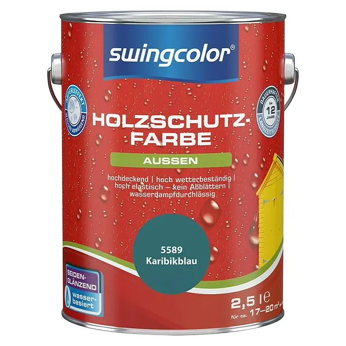 swingcolor Holzschutzfarbe - Karibikblau, 2,5 l, Seidenglänzend, Wasserbasiert - Vorderansicht