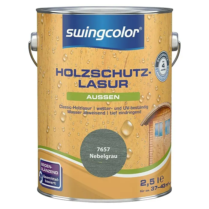 swingcolor Holzschutzlasur - Nebelgrau, 2,5 l, Seidenglänzend, Lösemittelbasiert, Alkydharz - Vorderansicht