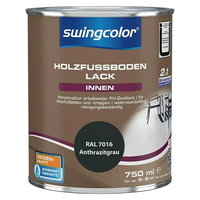 swingcolor 2in1 Holzfußbodenlack RAL 7016 - Anthrazitgrau, 750 ml, Seidenmatt, Wasserbasiert - Vorderansicht