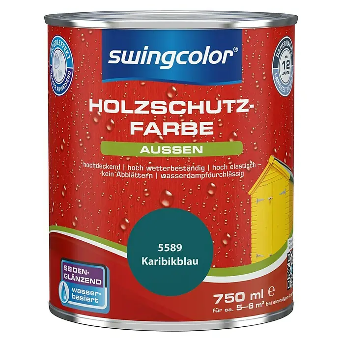 swingcolor Holzschutzfarbe - Karibikblau, 750 ml, Seidenglänzend, Wasserbasiert - Vorderansicht