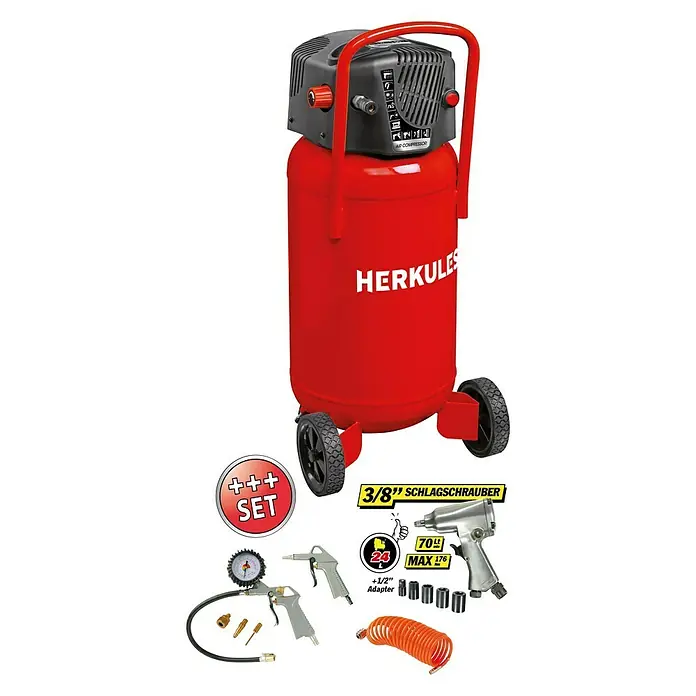 Herkules Kompressor-Set Fifty + Kit - Motorleistung: 1,5 kW, Druck: 10 bar, Kesselinhalt: 50 l - Diagonale Ansicht