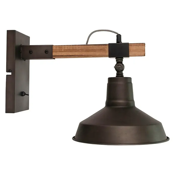 Wandleuchte - 40 W, Schwarz Stahl/Holz, E27 - Diagonale Ansicht