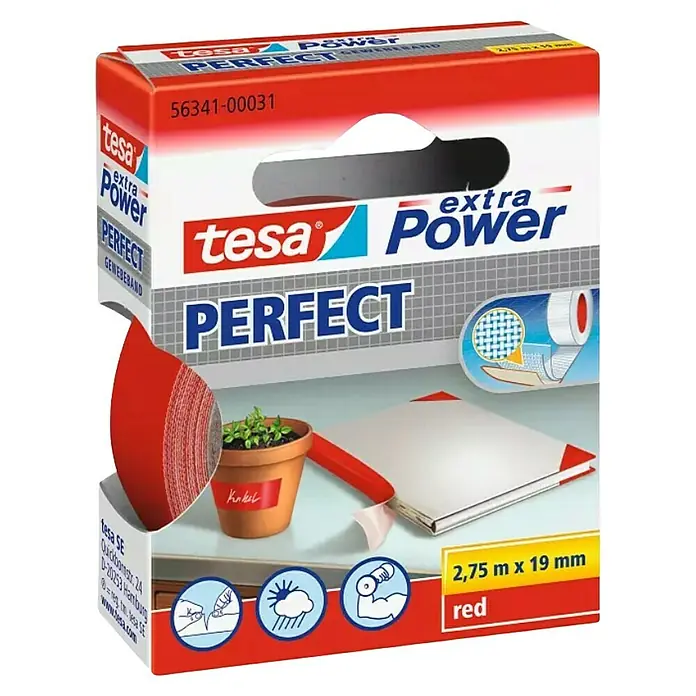 Tesa Cinta adhesiva superfuerte Perfect - Rojo, L x An: 2,75 m x 19 mm - Vista angular