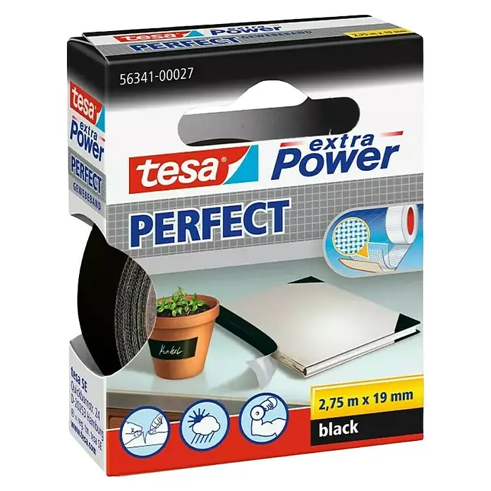 Tesa Cinta adhesiva superfuerte Perfect - Negro, L x An: 2,75 m x 19 mm - Vista angular