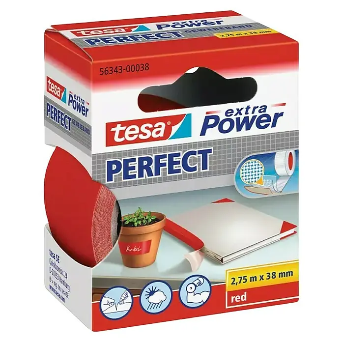 Tesa Cinta adhesiva superfuerte Perfect - Rojo, L x An: 2,75 m x 38 mm - Vista angular