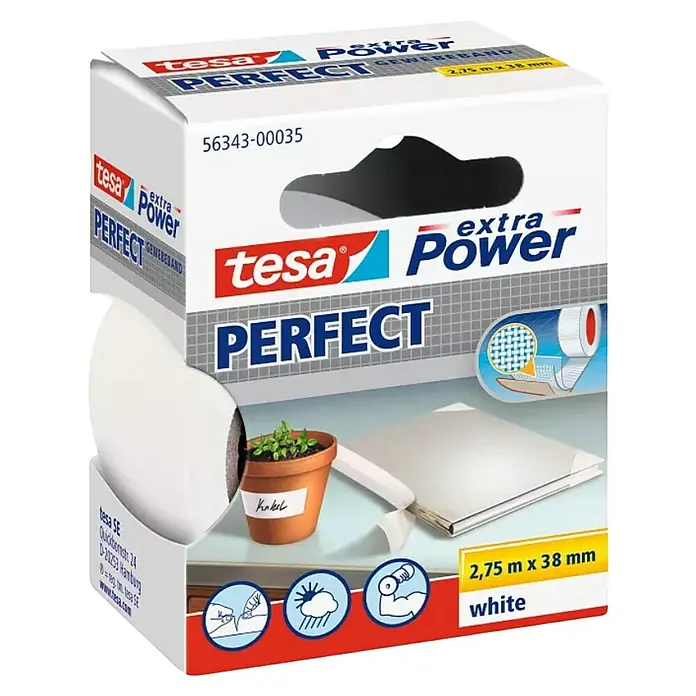 Tesa Cinta adhesiva superfuerte Perfect - Blanco, L x An: 2,75 m x 38 mm - Vista angular