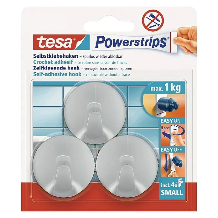 Tesa Powerstrips Selbstklebehaken - Rund, Größe: S, Chrom matt, 3 Stk. - Vorderansicht