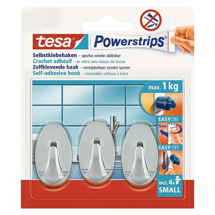 Tesa Powerstrips Selbstklebehaken - Oval, Größe: S, Chrom, 3 Stk. - Vorderansicht