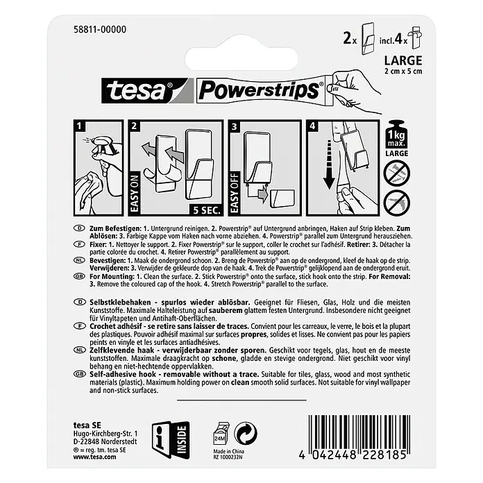 Tesa Powerstrips Selbstklebehaken - Rechteckig, Größe: L, Transparent/Weiß, 2 Stk. - Rückansicht