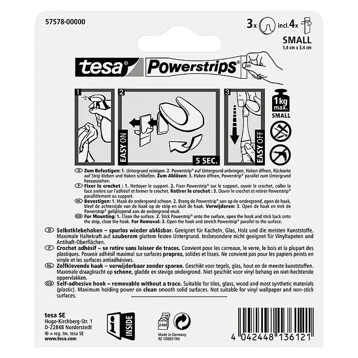 Tesa Powerstrips Selbstklebehaken - Rund, Größe: S, Chrom matt, 3 Stk. - Rückansicht