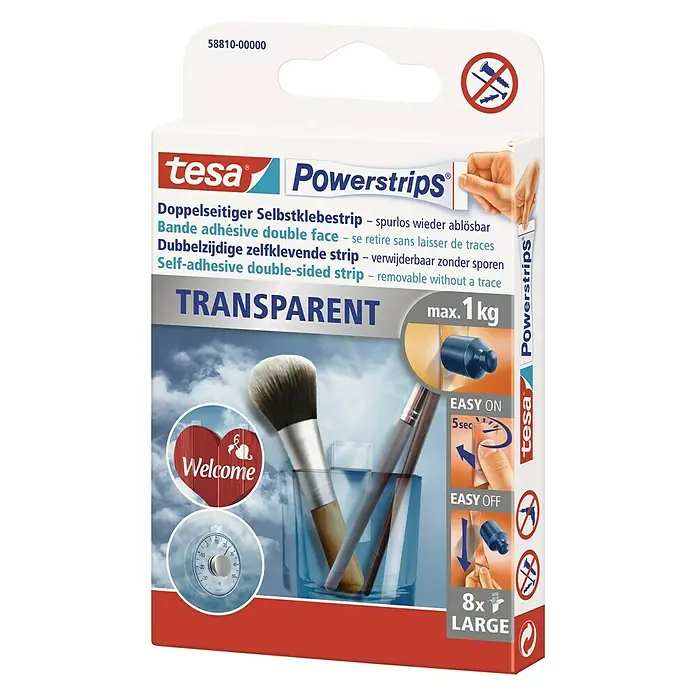 Tesa Powerstrips Selbstklebestrip Transparent Large - 8 Stk. - Diagonale Ansicht