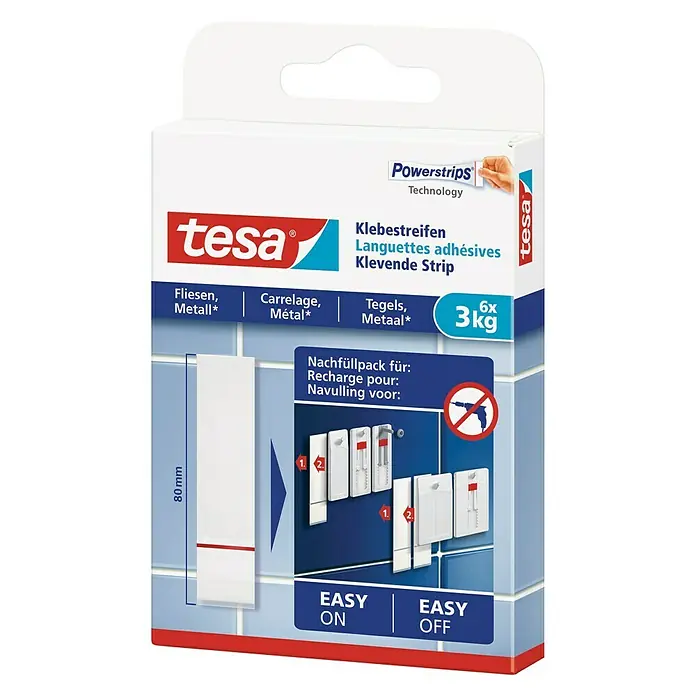 Tesa Klebestreifen - Geeignet für: Fliesen, Belastbarkeit: 3 kg, 9 Stk., Weiß - Diagonale Ansicht