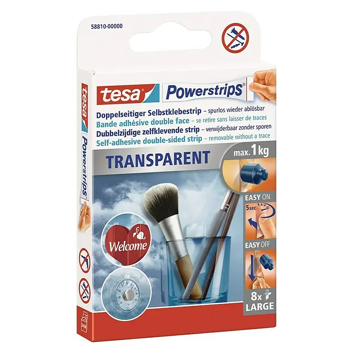 Tesa Powerstrips Selbstklebestrip Transparent Large - 8 Stk. - Diagonale Ansicht