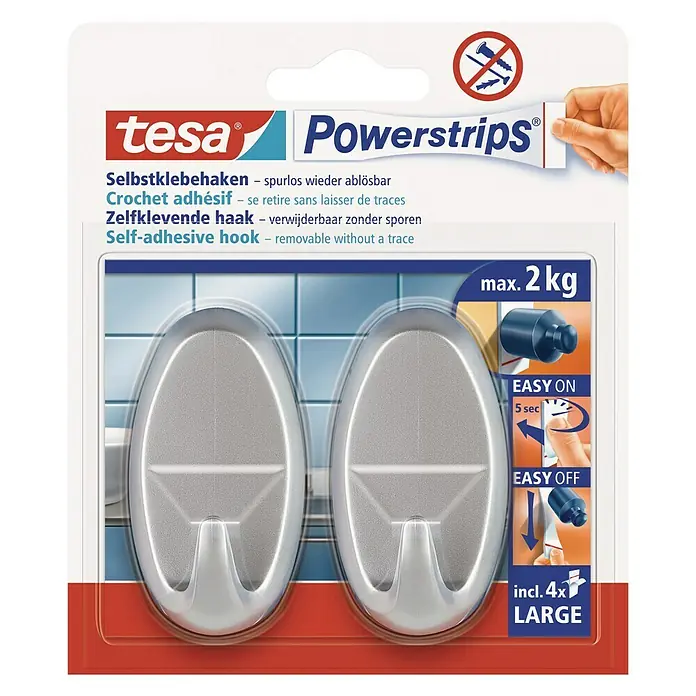 Tesa Powerstrips Selbstklebehaken - Oval, Größe: L, Chrom matt, 2 Stk. - Vorderansicht