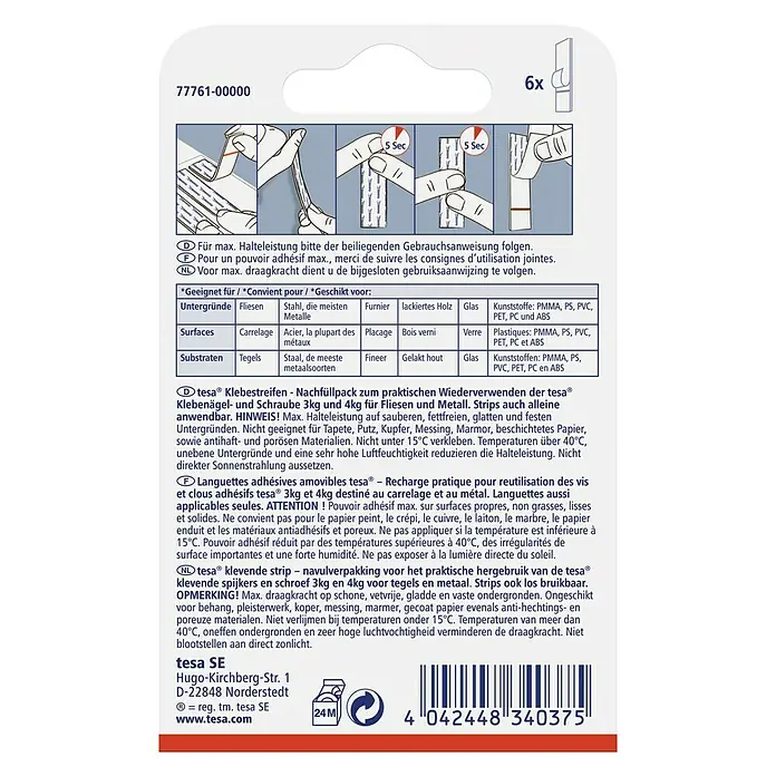 Tesa Klebestreifen - Geeignet für: Fliesen, Belastbarkeit: 3 kg, 9 Stk., Weiß - Rückansicht
