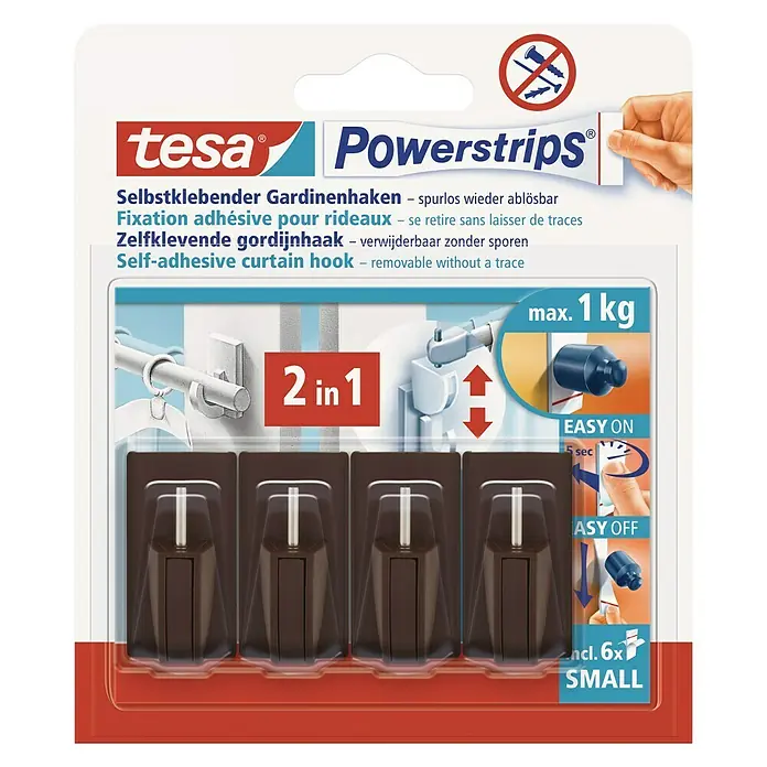 Tesa Powerstrips Gardinenhaken Vario - Selbstklebend, Braun, Größe: S, 4 Stk. - Vorderansicht