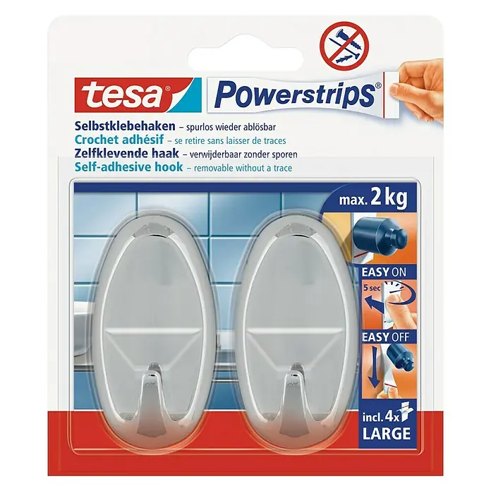 Tesa Powerstrips Selbstklebehaken - Oval, Größe: L, Chrom, 2 Stk. - Vorderansicht