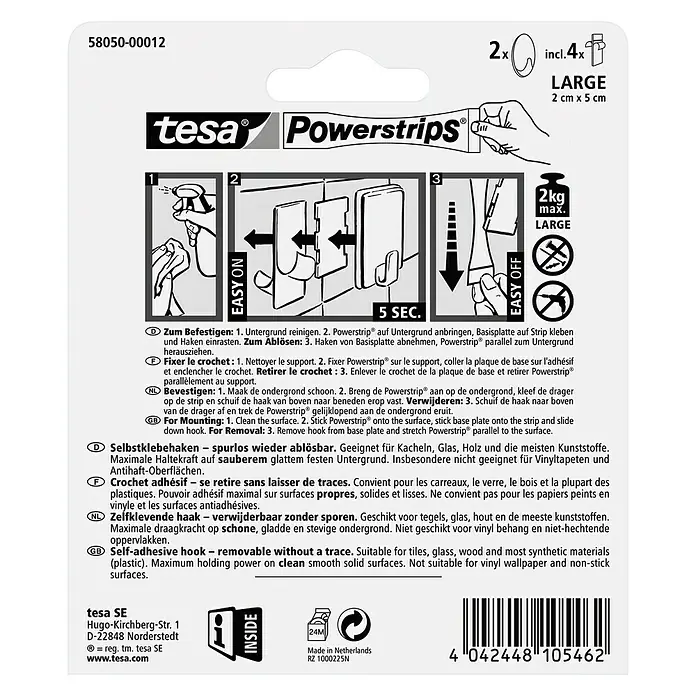 Tesa Powerstrips Selbstklebehaken - Oval, Größe: L, Chrom, 2 Stk. - Rückansicht