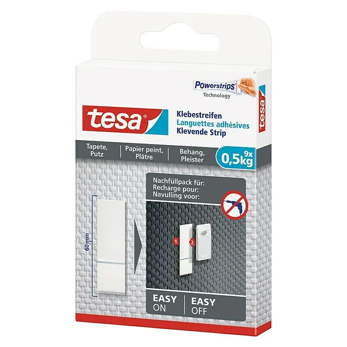 Tesa Klebestreifen - Geeignet für: Tapeten, Belastbarkeit: 0,5 kg, 9 Stk., Weiß - Diagonale Ansicht