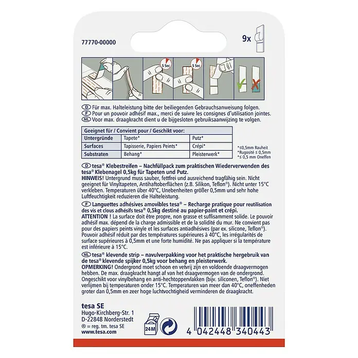 Tesa Klebestreifen - Geeignet für: Tapeten, Belastbarkeit: 0,5 kg, 9 Stk., Weiß - Rückansicht