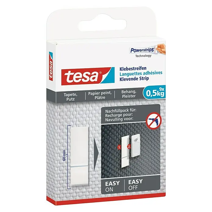 Tesa Klebestreifen - Geeignet für: Tapeten, Belastbarkeit: 0,5 kg, 9 Stk., Weiß - Diagonale Ansicht
