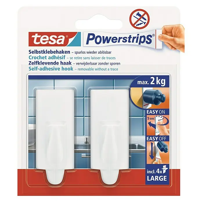 Tesa Powerstrips Selbstklebehaken - Rechteckig, Größe: L, Weiß, 2 Stk. - Vorderansicht