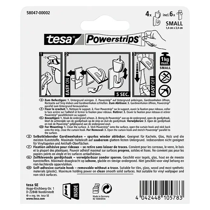 Tesa Powerstrips Gardinenhaken Vario - Selbstklebend, Braun, Größe: S, 4 Stk. - Rückansicht