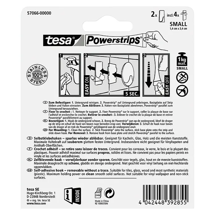 Tesa Powerstrips Selbstklebehaken - Rechteckig, Größe: S, Metallic, 2 Stk. - Rückansicht