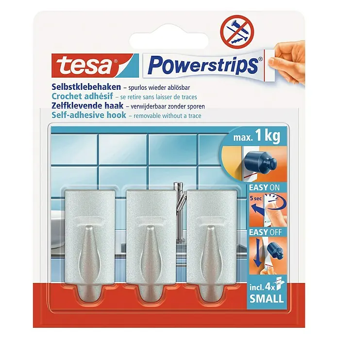 Tesa Powerstrips Selbstklebehaken - Rechteckig, Größe: S, Chrom matt, 3 Stk. - Vorderansicht