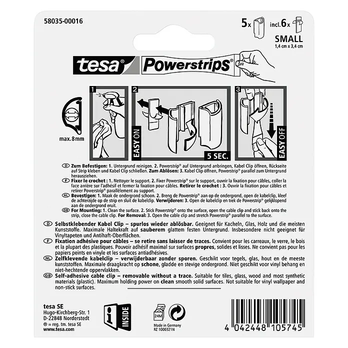Tesa Powerstrips Kabel-Clip - Weiß, 5 Stk. - Rückansicht