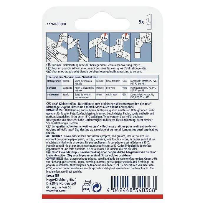 Tesa Klebestreifen - Geeignet für: Fliesen, Belastbarkeit: 2 kg, 9 Stk., Weiß - Rückansicht