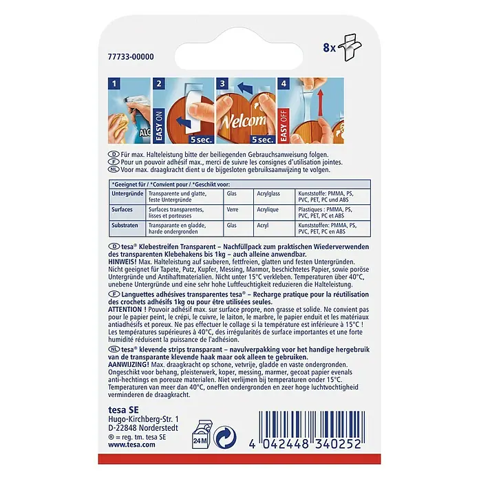Tesa Klebestreifen - Geeignet für: Glas, Belastbarkeit: 1 kg, 8 Stk., Transparent - Rückansicht