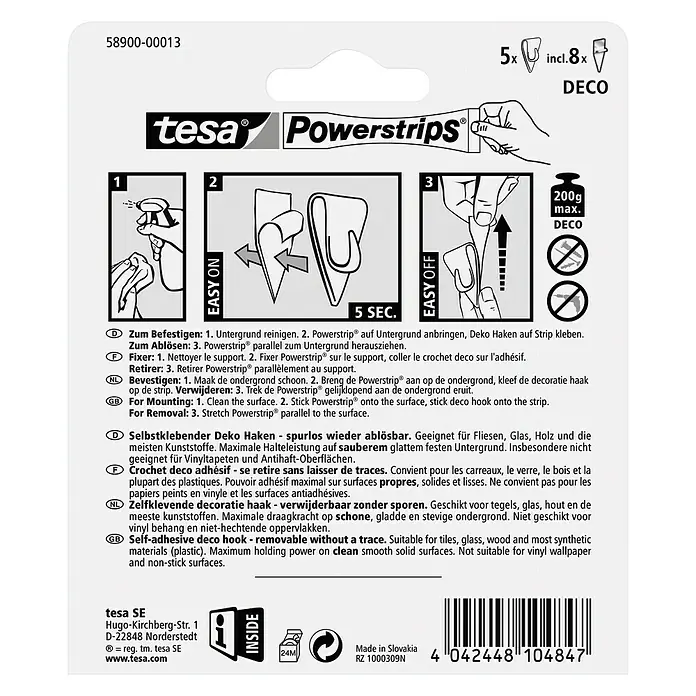 Tesa Powerstrips Dekohaken - 5 Stk., Transparent - Rückansicht
