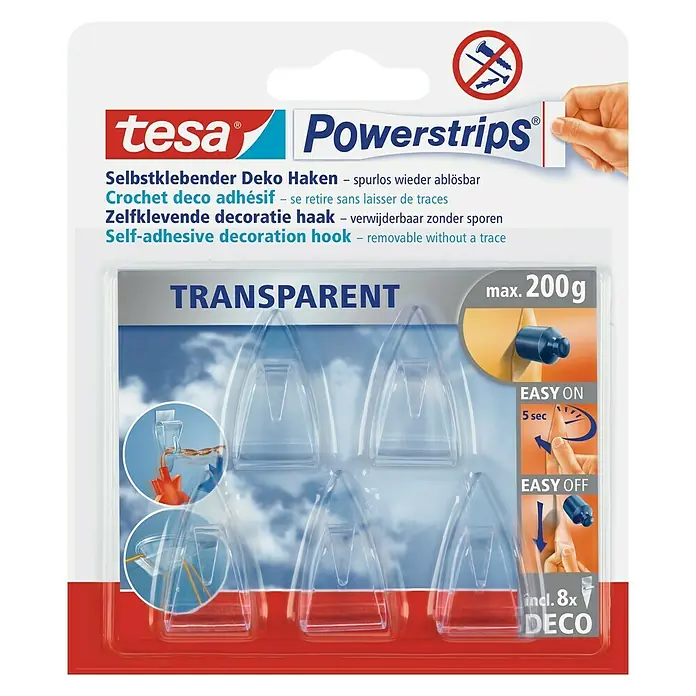 Tesa Powerstrips Dekohaken - 5 Stk., Transparent - Vorderansicht