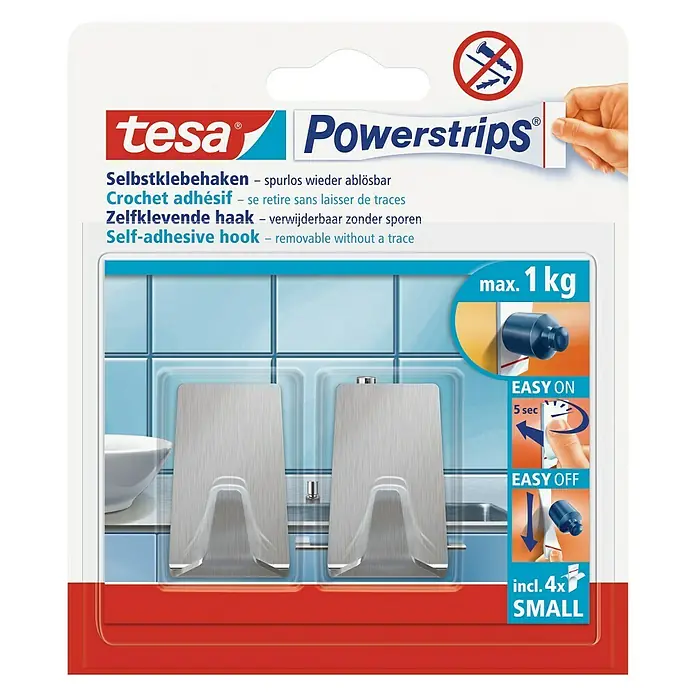 Tesa Powerstrips Selbstklebehaken - Rechteckig, Größe: S, Metallic, 2 Stk. - Vorderansicht