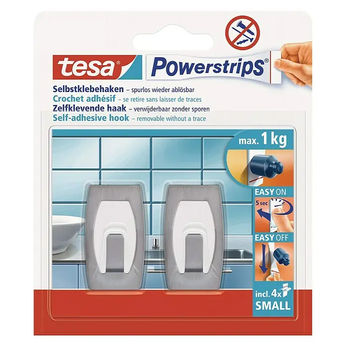 Tesa Powerstrips Selbstklebehaken - Oval, Größe: S, Edelstahl/Weiß, 2 Stk. - Vorderansicht