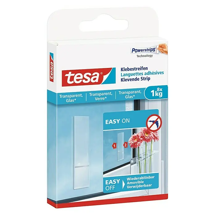 Tesa Klebestreifen - Geeignet für: Glas, Belastbarkeit: 1 kg, 8 Stk., Transparent - Diagonale Ansicht